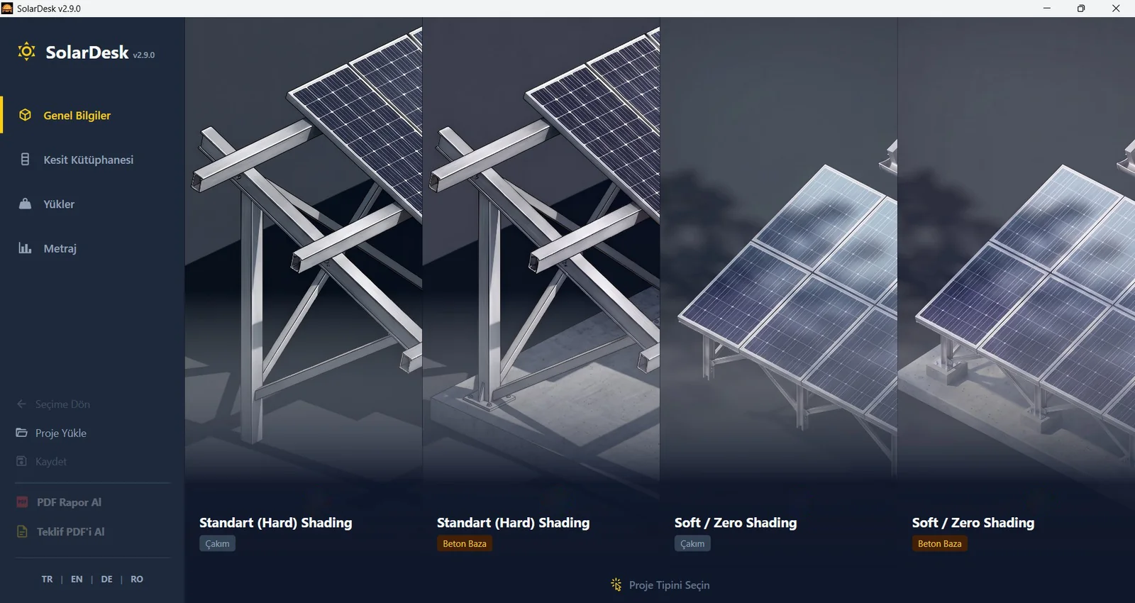 SolarDesk proje tipi seçim ekranı