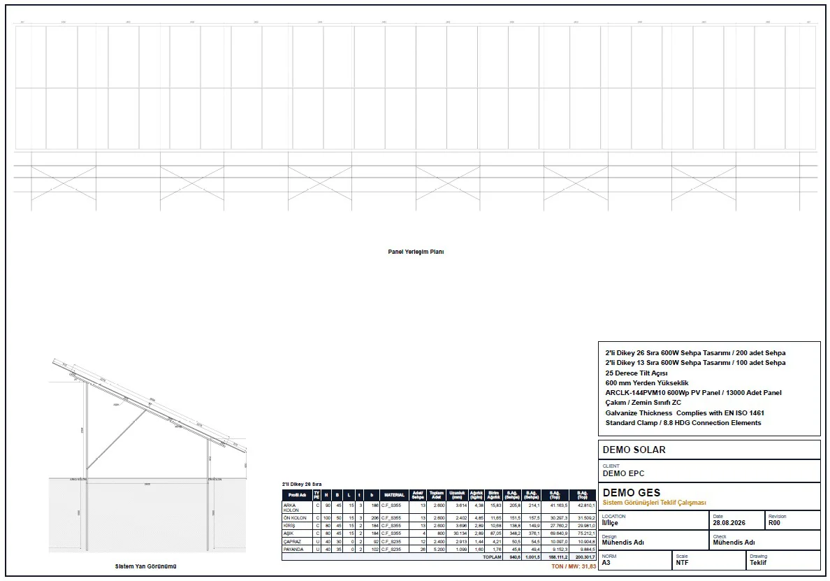 Sample SolarDesk quote PDF page with module layout plan, side elevation and quantity table